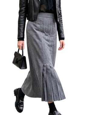 Vintage 70s 80s pure wool grey drop pleat old money quiet luxury maxi skirt 12